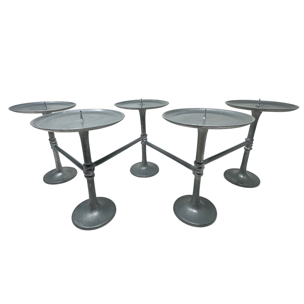 Brutalist Cast Metal 5 Candelabra ZigZag Pillar Candle Holder Gunmetal Gray